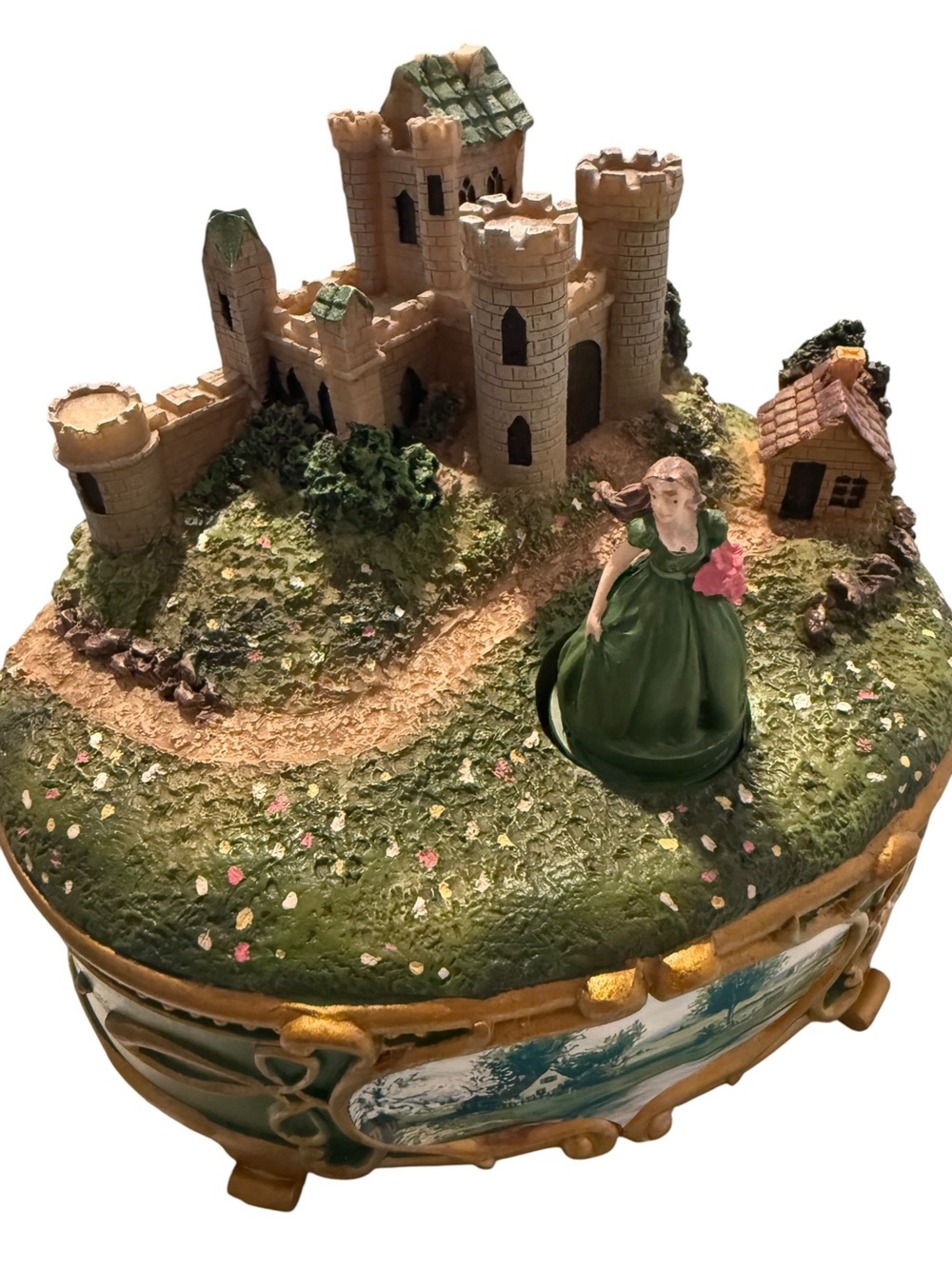 Romantic Fairytale Castle Music Box with Figurine - Green & Gold